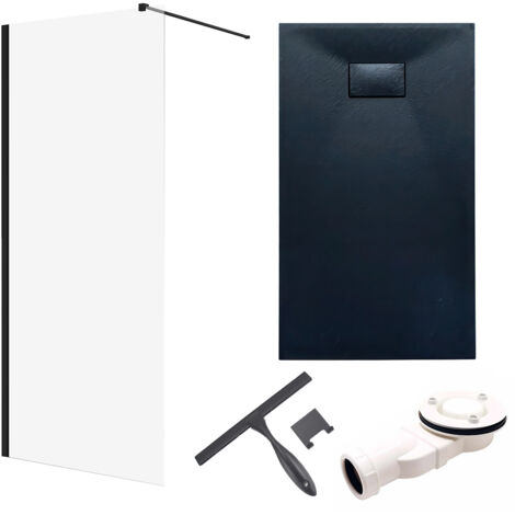 Set - Walk-In Dusche KETIL 90x198 Schwarz + 8 mm Glas + Duschwanne VIDAR 170x90 Schwarz SMC Rechteck, mit Glaswischer (1/5)