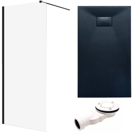 Set - Walk-In Dusche KETIL 90x198 Schwarz + Duschabtrennung 8 mm Glas + Duschwanne VIDAR 160x90 Schwarz SMC Rechteck (1/5)