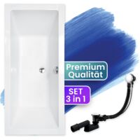 Badewanne Rechteck 175x80, Ablaufgarnitur & Füßen GRATIS - Komplettset 3in1 Original Acryl Wanne Premium Siphon - Made in EU - BADLAND QUADRO