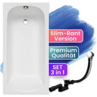 Badewanne Rechteck 130x70, Ablaufgarnitur & Füßen GRATIS - Komplettset 3in1 Original Acryl Wanne Premium Siphon - Made in EU - BADLAND CLASSIC SLIM