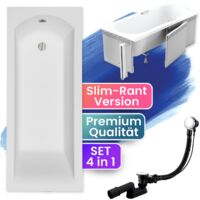 Badewanne Rechteck 150x70 mit Styroporverkleidung, Ablaufgarnitur & Füßen GRATIS - Komplettset 4in1 Original Acryl Wanne Siphon - BADLAND SHEA SLIM