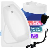 Badewanne Eckbadewanne 130x85 Links mit AcrylSchürze + Kopfstütze, Ablaufgarnitur & Füßen GRATIS - Komplettset 5in1 - Made in EU - BADLAND RIMA