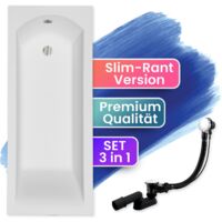 Badewanne Rechteck 160x70, Ablaufgarnitur & Füßen GRATIS - Komplettset 3in1 Original Acryl Wanne Premium Siphon - Made in EU - BADLAND SHEA SLIM
