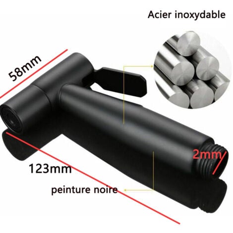 Pulvérisateur à main en acier inoxydable portable avec T-valve G1/2" et un Tuyau 1,5 m + soutien (Noir)