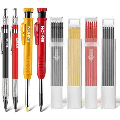 4 Pièces Crayons de Charpentier Mécaniques avec Taille-Crayon Intégré et 40 Recharge, Crayons de Menuiserie à Trous Profonds Solides pour le chantier，de menuiserie pour construction