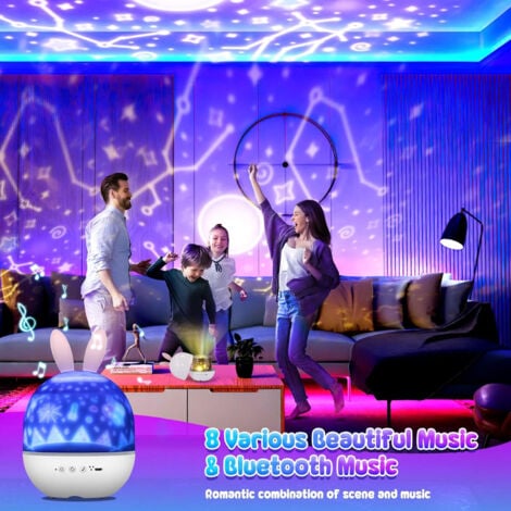Veilleuse Projecteur pour Enfants,  Dimmable Star Projecteur avec 6 Films, 360° Rotation Bébé LED Boîte à Musique Projecteur Veilleuse avec Télécommande pour Bébé  Cadeau , Lapin