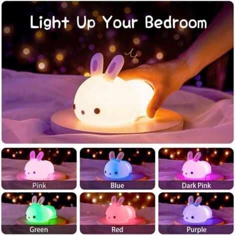 Veilleuse LED Enfant Rechargeable,Veilleuse Lapin Tactile Avec 7 Couleurs,Veilleuse Portable Silicone Nuit,Cadeau Bebe Fille Garcon