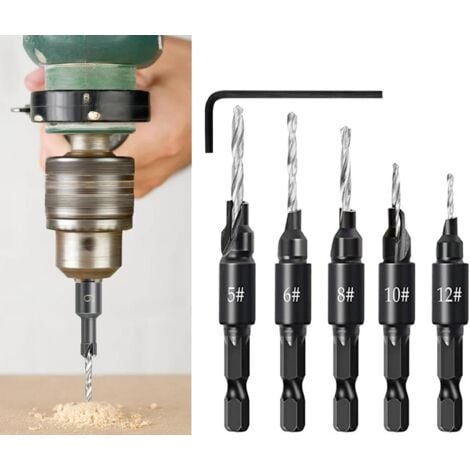 Lot de 5 forets coniques à tige hexagonale réglable à dégagement rapide 3 en 1 pour le travail du bois avec clé hexagonale 5 6 8 10 12 Lot de 5 outils de trou de vis pour bois