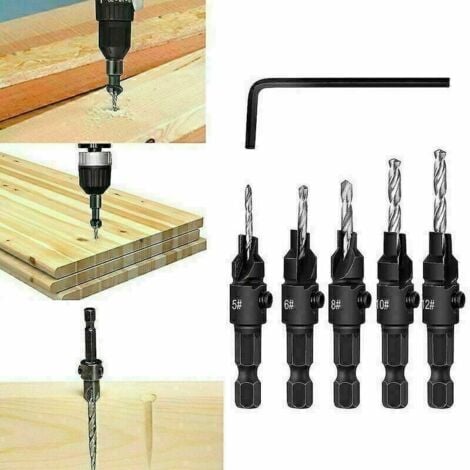 Lot de 5 forets coniques à tige hexagonale réglable à dégagement rapide 3 en 1 pour le travail du bois avec clé hexagonale 5 6 8 10 12 Lot de 5 outils de trou de vis pour bois