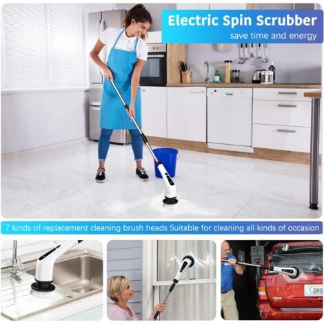 Brosse de Nettoyage électrique,avec 7 têtes de Brosse et rallonge, Spin Scrubber Brosse Rotative Nettoyage Électrique pour Les Coins, la Salle de Bain,Les Toilettes,Le Nettoyage du carrelage