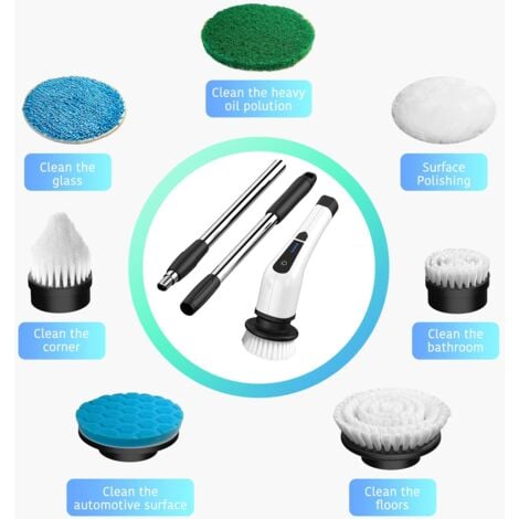 Brosse de Nettoyage électrique,avec 7 têtes de Brosse et rallonge, Spin Scrubber Brosse Rotative Nettoyage Électrique pour Les Coins, la Salle de Bain,Les Toilettes,Le Nettoyage du carrelage