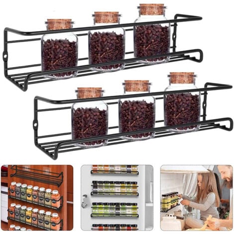 2 Pièces Rangement Epices Cuisine, Accessoire de rangement pour cuisine,Étagère Épices en Métal Sans Percage, , Porte Épices pour Épices Pots Accessoire Garde-Manger Cuisine Placard, 29x6.5x6.5cm (Noi