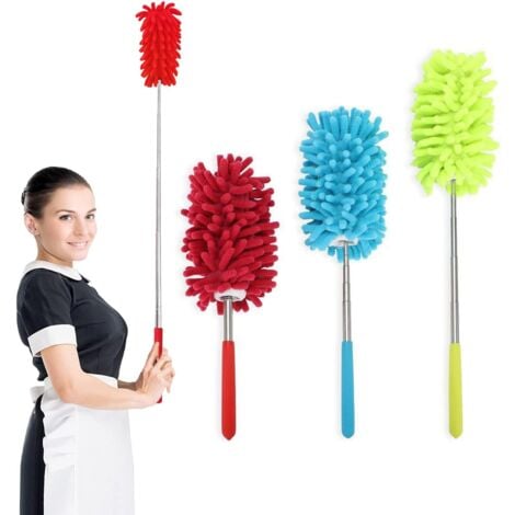 Lot de 3 plumeaux à main 74cm en microfibre extensible à épousseter lavable avec perche télescopique pour éliminer nettoyage de voiture, ordinateur, climatisation, TV et autres(bleu, jaune,rouge)