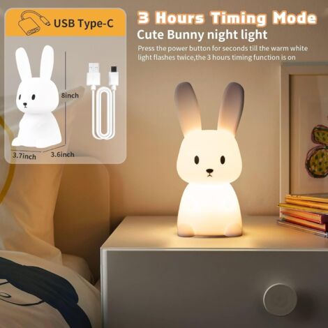 Veilleuse Bebe Bunny Avec 7 Changements de Lumière Contrôle de tapRecharge USB Fonction Minuterie Lampe de Chevet Pour Chambre D'enfant Cadeau Jouet Veilleuse en Silicone Pour Enfant