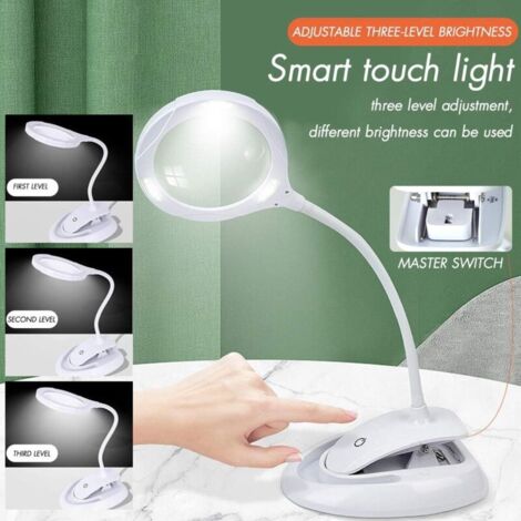 Loupe avec lumière, lampe grossissante 5X 10X avec support et pince, lampe grossissante de bureau rechargeable et à luminosité réglable pour la lecture de près Hobby Crafts Workbench Sewing