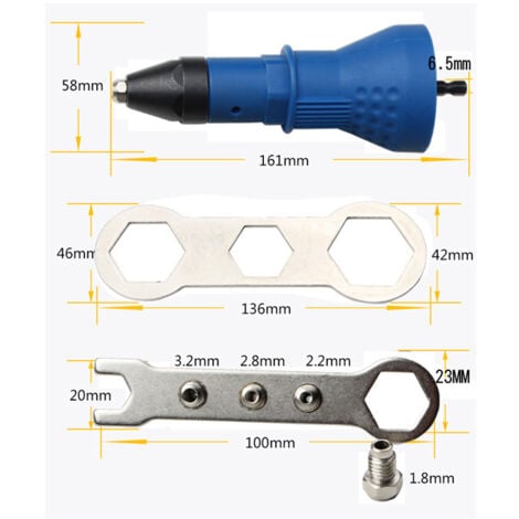 Pistolet à rivets sans fil Kit d'outil de perceuse électrique à rivets Riveteuse Adaptateur Insert Écrou Outil de puissance à main Accessoires Noir (Bleu)