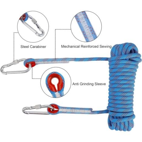 Corde d'escalade avec Mousqueton de Sécurité Statique 10mm Corde d'alpinisme Polyester Sauvetage pour Randonnée Alpinisme Montagne 10M