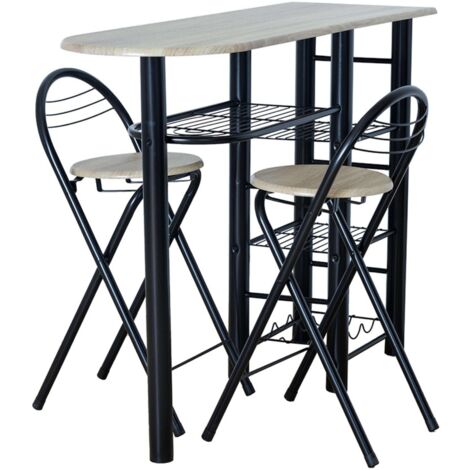 Mesa Alta de Cocina Office Estilo Industrial en Negro y Madera Clara con 2 Taburetes Plegables 40x88x120 cm