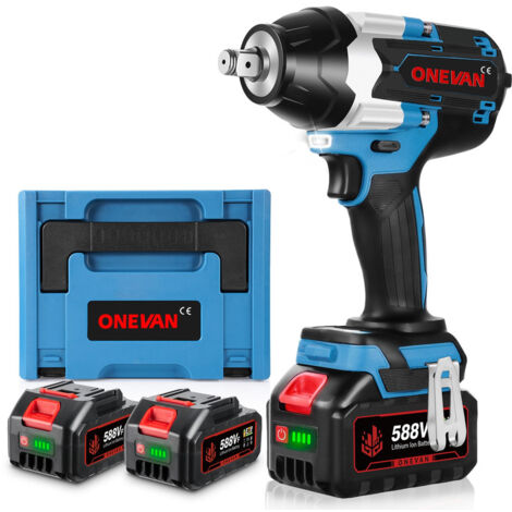 ONEVAN Llave de Impacto Inalámbrica 1000Nm , 3 velocidades，1/2" Pistola de Impacto Electrica con dos baterías de 3,0 Ah y caja de almacenamiento- azul
