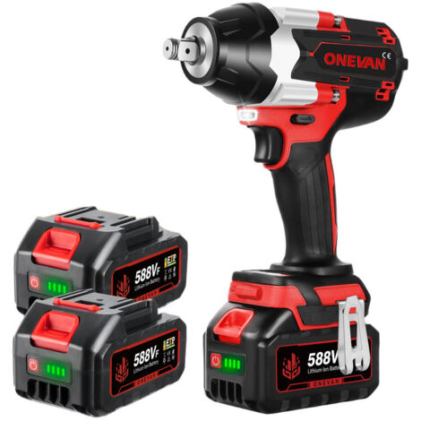 ONEVAN Llave de Impacto Inalámbrica 1000Nm , 3 velocidades，1/2" Pistola de Impacto Electrica con dos baterías de 3,0 Ah - rojo