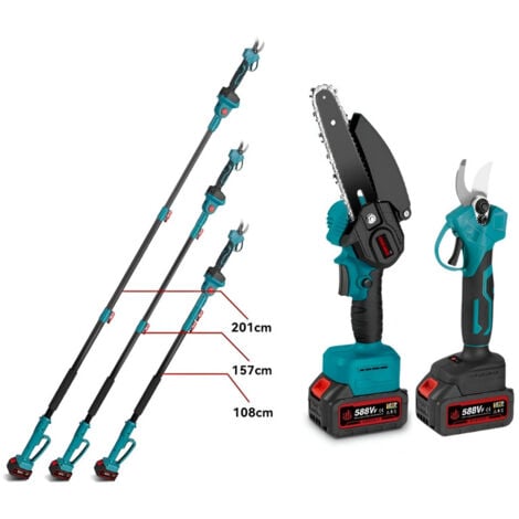 Kit de motosierra eléctrica de pértiga y pértiga telescópica, pértiga telescópica ajustable de 2 m + motosierra sin escobillas de 6 pulgadas + podadora eléctrica de 25 mm, con batería y cargador
