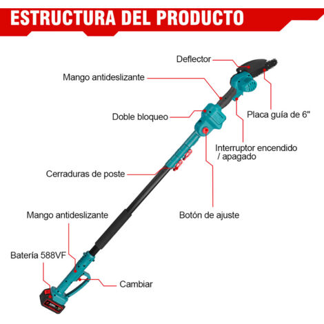 Kit de motosierra eléctrica de pértiga y pértiga telescópica, pértiga telescópica ajustable de 2 m + motosierra sin escobillas de 6 pulgadas + podadora eléctrica de 25 mm, con batería y cargador