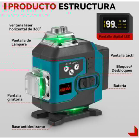 Nivel láser verde 4x360°,16 líneas 4D autonivelante herramienta láser de líneas cruzadas，Alcance de trabajo 25 m,Con trípode de 1 m y mando a distancia, dos baterías y cargador.