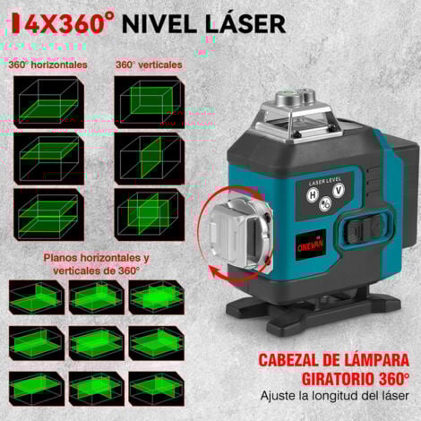 Nivel láser verde 4x360°,16 líneas 4D autonivelante herramienta láser de líneas cruzadas，Alcance de trabajo 25 m,Con trípode de 1 m y mando a distancia, dos baterías y cargador.