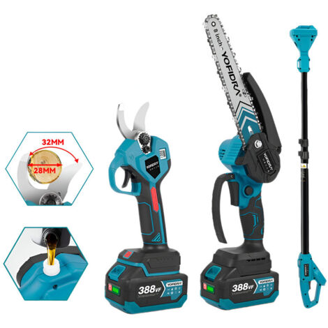 Motosierra de batería Brushless de 8 pulgadas y tijera de podar eléctrica de 28 mm, con pértiga telescópica ajustable (1-1,7 m), con dos baterías y cargador