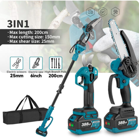 Motosierra de batería 6 pulgadas y tijeras de podar eléctricas de 25 mm, con pértiga telescópica de 2 m, 2 baterías de 3,0 Ah, con bolsa de almacenamiento