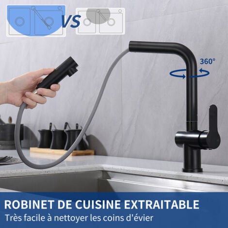Robinet De Cuisine, Robinet De Cuisine LED Avec Douchette Extractible, Mitigeur De Cuisine Pivotant à 360° Noir - Bricolage