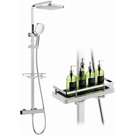 Colonne de Douche Thermostatique avec Étagère, Hauteur Réglable (1010-1260mm) Sans Percement Supplémentaire Chromé avec Douchette 3 Jets, en Inox