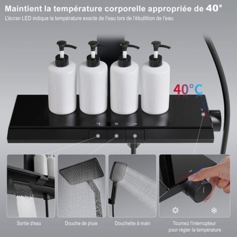 Colonne de Douche Thermostatique OHPA - Avec Plaque Thermostatique de 4014 cm,Ensemble thermostatique,Anti-Brûlure,Noir,Système de douche,douchette à main avec 3 mode,douchette à effet pluie, bec vers