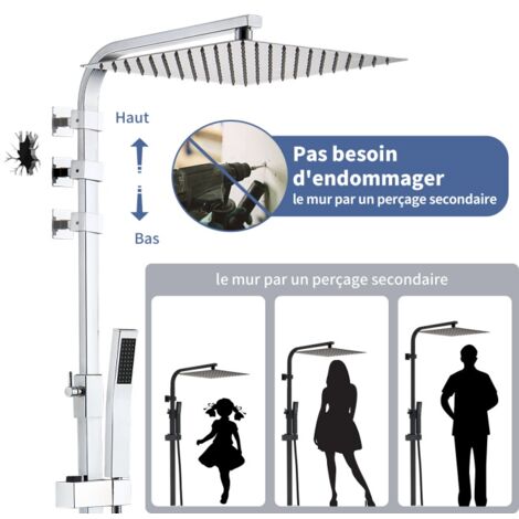 Colonne de Douche Thermostatique UBEEGOL - Chromé - Systèmes de Douche Pas Besoin de Forage Secondaire - Hauteur Réglable - Ensemble de Douche en Laiton Durable