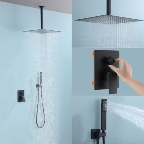 Colonne de Douche Encastré Systèmes de Douche Noir Kit de Douche Avec 16 Pouces Tête de Douche Douchette Corps en Laiton Monté au Plafond Ensemble de Douche Encastrable