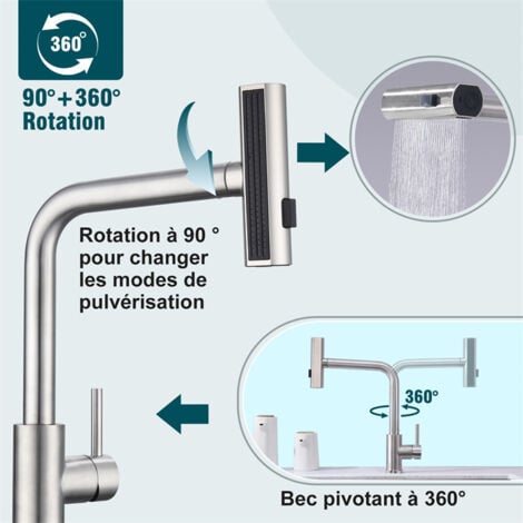 Robinet de Cuisine Douchette Extractible Robinetterie de Cuisine 3 Jets aux Choix Mitigeur de Cuisine avec Douchette Mitigeur D'évier  en Acier Brossé Bec 360° Rotatif