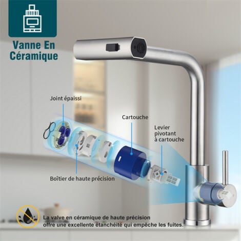Robinet de Cuisine Douchette Extractible Robinetterie de Cuisine 3 Jets aux Choix Mitigeur de Cuisine avec Douchette Mitigeur D'évier  en Acier Brossé Bec 360° Rotatif