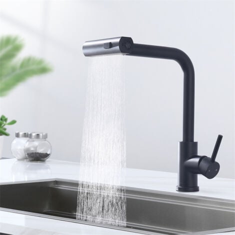 Robinet de Cuisine Douchette Extractible Robinetterie de Cuisine 3 Jets aux Choix Mitigeur de Cuisine avec Douchette Mitigeur D'évier  en Acier Noir Bec 360° Rotatif
