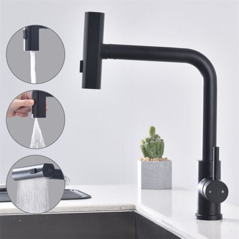 Robinet de Cuisine Douchette Extractible Robinetterie de Cuisine 3 Jets aux Choix Mitigeur de Cuisine avec Douchette Mitigeur D'évier  en Acier Noir Bec 360° Rotatif