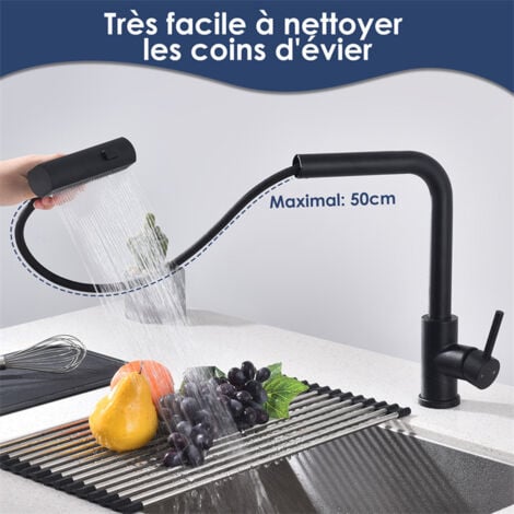 Robinet de Cuisine Douchette Extractible Robinetterie de Cuisine 3 Jets aux Choix Mitigeur de Cuisine avec Douchette Mitigeur D'évier  en Acier Noir Bec 360° Rotatif