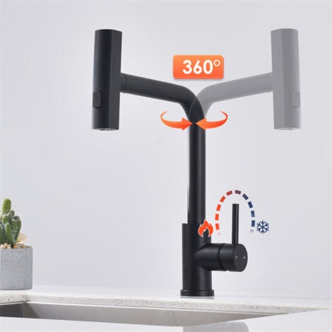 Robinet de Cuisine Douchette Extractible Robinetterie de Cuisine 3 Jets aux Choix Mitigeur de Cuisine avec Douchette Mitigeur D'évier  en Acier Noir Bec 360° Rotatif