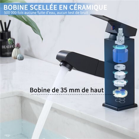 Robinet Salle de Bain avec Douchette Extractible Mitigeur de Lavabo  avec un Jet Mitigeur Salle de Bain en Acier Inox Noir