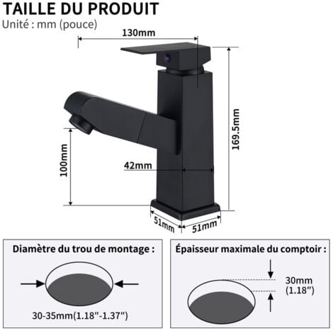 Robinet Salle de Bain avec Douchette Extractible Mitigeur de Lavabo  avec un Jet Mitigeur Salle de Bain en Acier Inox Noir