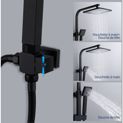 Colonne de Douche Noir Système de Douche avec Douchette Set Kit de Douche sans Mitigeur en Acier Inox Réglable en Hauteur