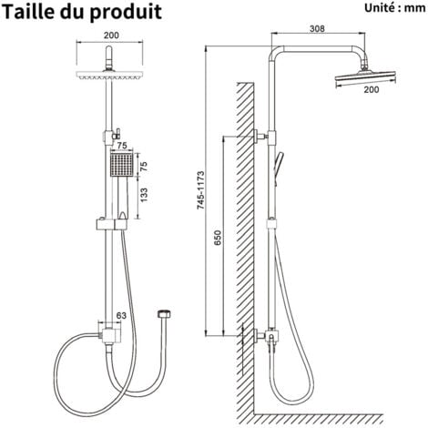 Colonne de Douche Noir Système de Douche avec Douchette Set Kit de Douche sans Mitigeur en Acier Inox Réglable en Hauteur