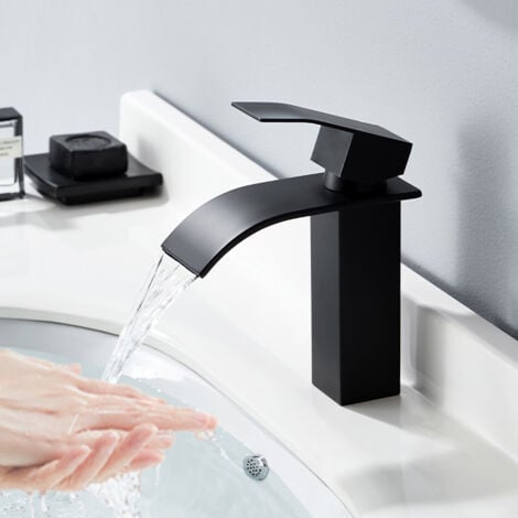 Robinet Salle de Bain Cascade Mitigeur de Lavabo en Acier Inox Noir Robinet de Lavabo Monotrou à Deux Voies Design Moderne