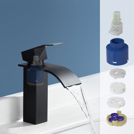 Robinet Salle de Bain Cascade Mitigeur de Lavabo en Acier Inox Noir Robinet de Lavabo Monotrou à Deux Voies Design Moderne