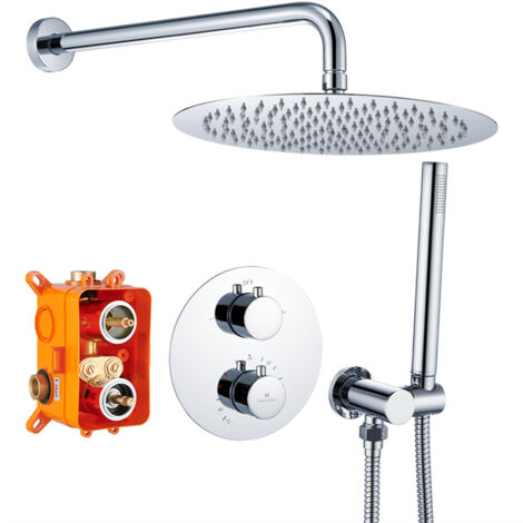 Colonne de Douche Thermostatique à Encastrer Système de Douche Encastrable Grande Douche de Tête Kit Set de Douche Encastrée avec Mitigeur Thermostatique en Laiton Chrome