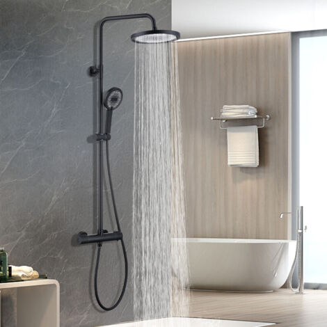 Colonne de Douche Thermostatique Ensemble de Douche Noir avec Douchette 3 Jets Kit de Douche Hauteur Réglable Mitigeur en Laiton Durable