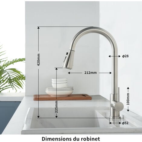 Robinet de Cuisine avec Douchette Extractible Mitigeur Cuisine Brossé en Acier Inox Robinet d'évier pour Cuisine Rotatif à 360° avec 3 Modes